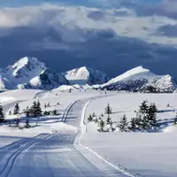 Tranquil snowy mountains and ski tracks in Lofoten, Norway's winter scenery.