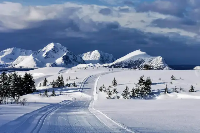 Tranquil snowy mountains and ski tracks in Lofoten, Norway's winter scenery.