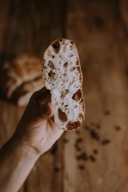 Artistic close-up of a rustic bread slice held by a hand with blurred background.
